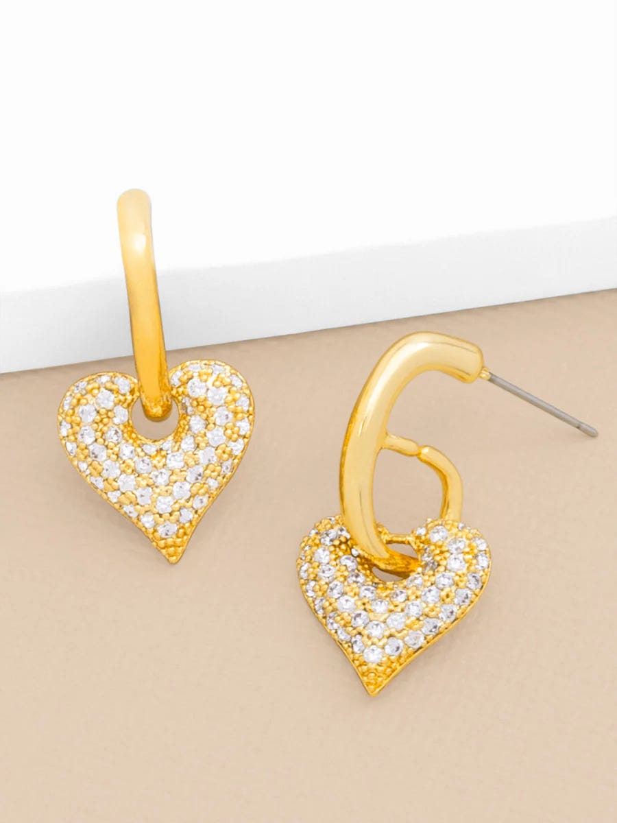 Rhinestone studded gold heart earrings