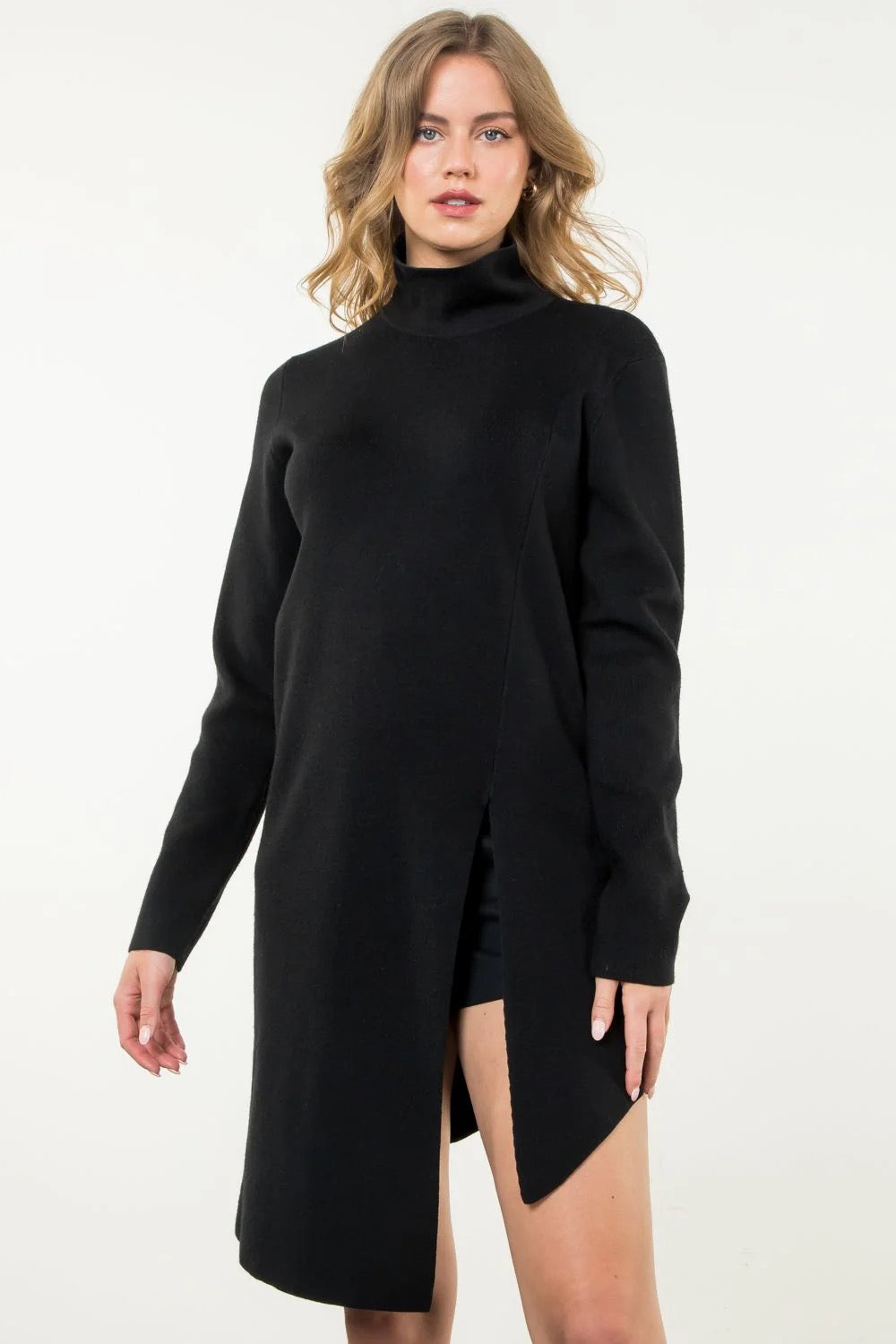 Turtleneck Slit Sweater Dress